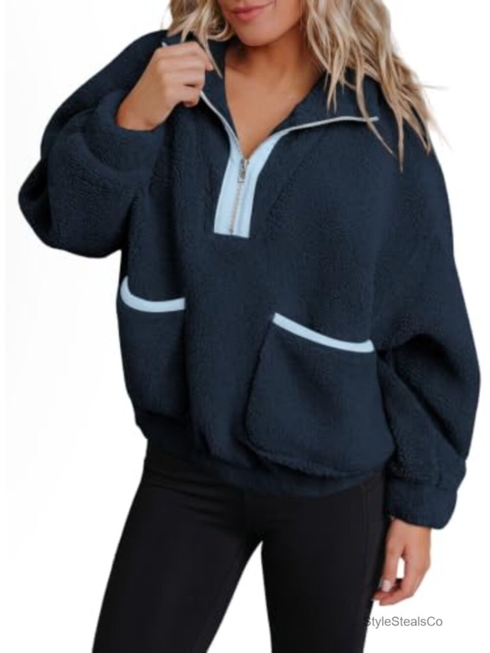 Half Zip Fuzzy Fleece Oversized Cropped Pullover Women Winter Sweatshirt Top